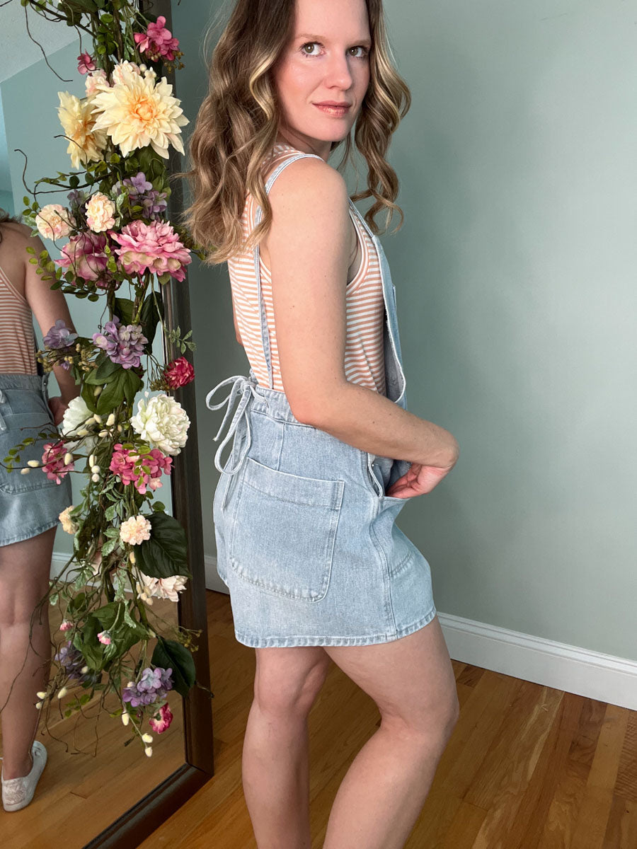 Sadie Light Wash Denim Tie Back Overall Shorts