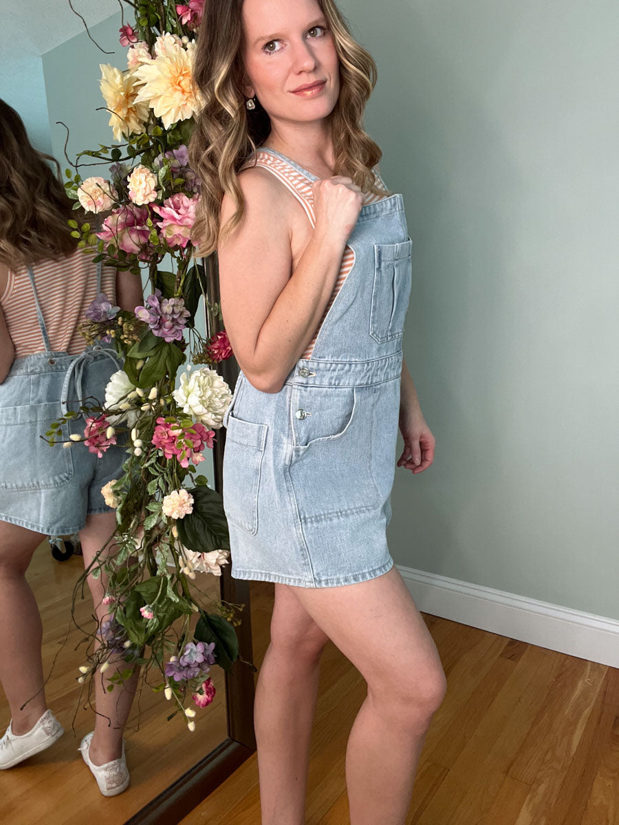 Sadie Light Wash Denim Tie Back Overall Shorts