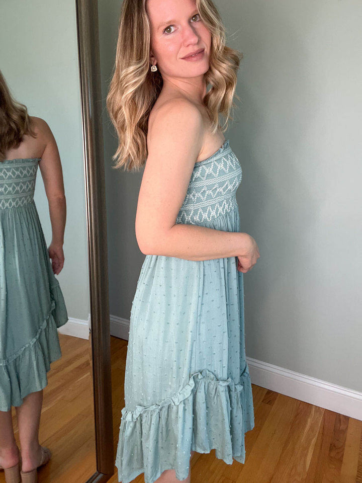 Seabreeze Strapless Mini Dress | Smocked Strapless Dress in Teal Blue