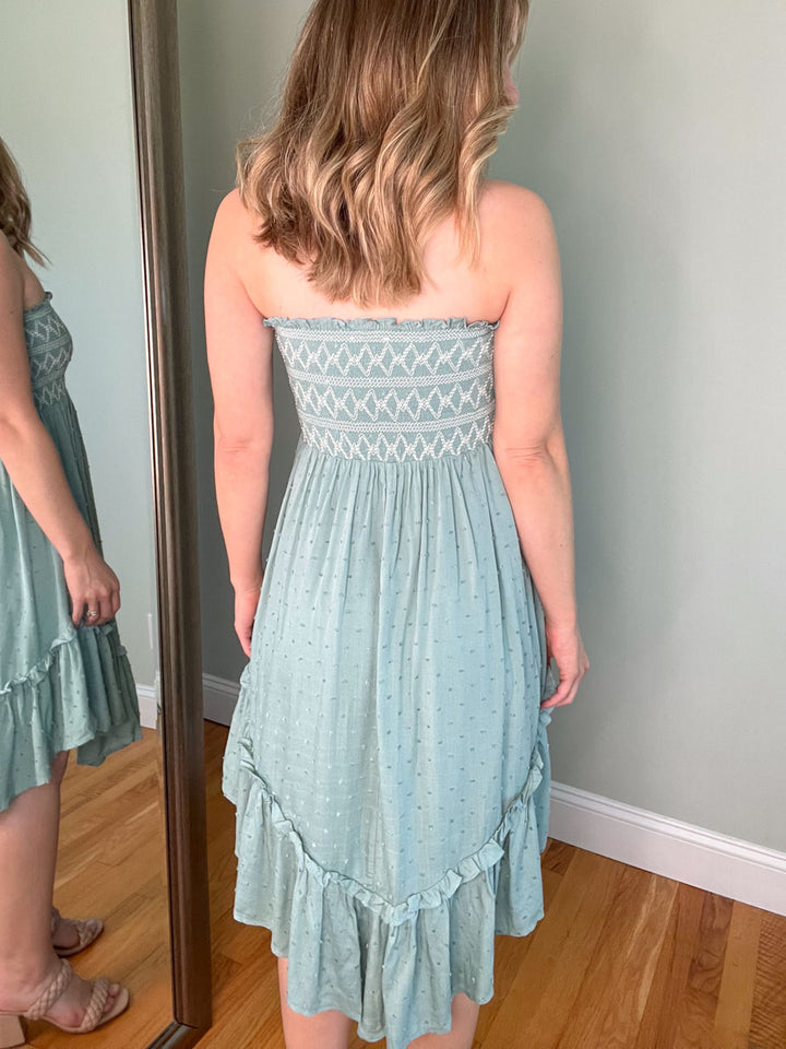 Seabreeze Strapless Mini Dress | Smocked Strapless Dress in Teal Blue