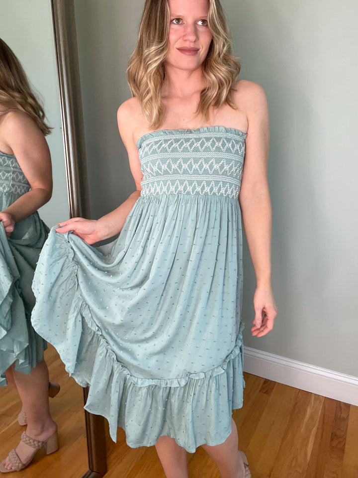 Seabreeze Strapless Mini Dress | Smocked Strapless Dress in Teal Blue