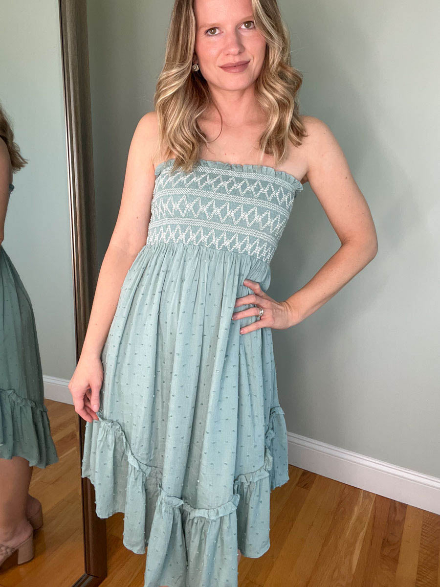 Seabreeze Strapless Mini Dress | Smocked Strapless Dress in Teal Blue