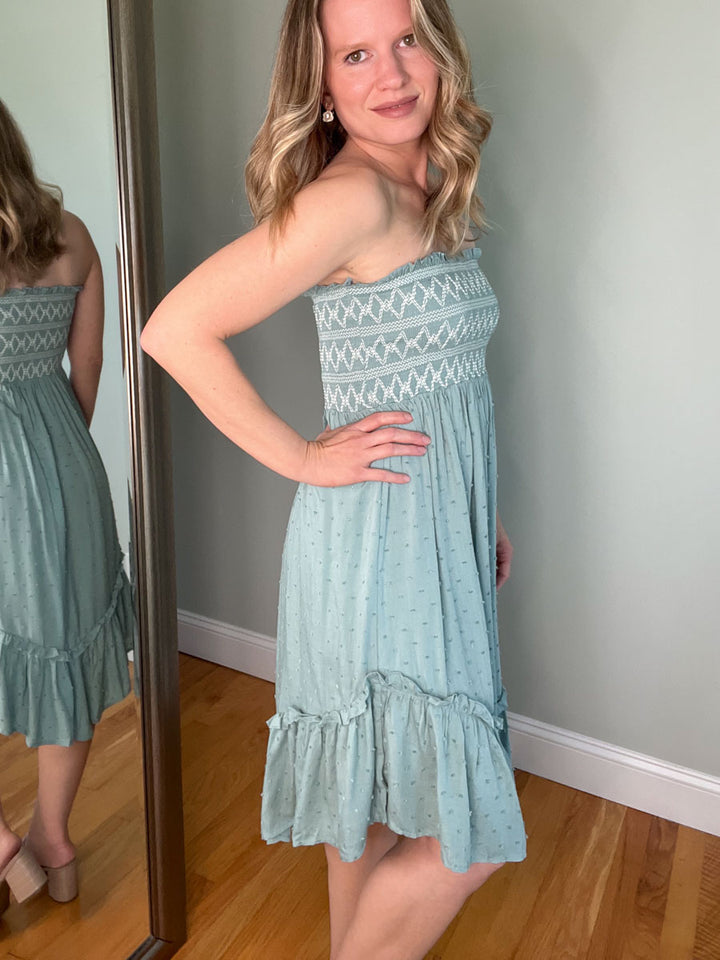 Seabreeze Strapless Mini Dress | Smocked Strapless Dress in Teal Blue