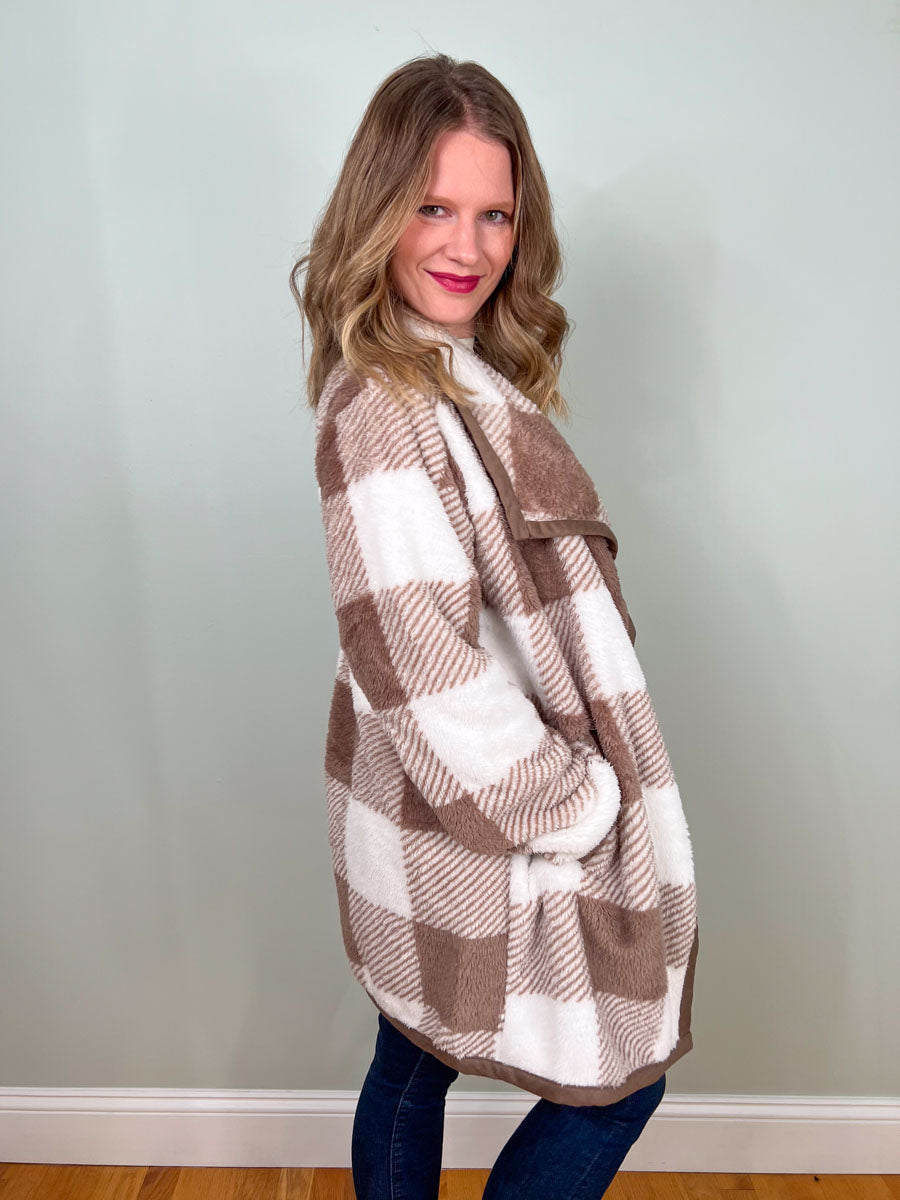 Buffalo Plaid Draped Lapel Collar Sherpa Jacket