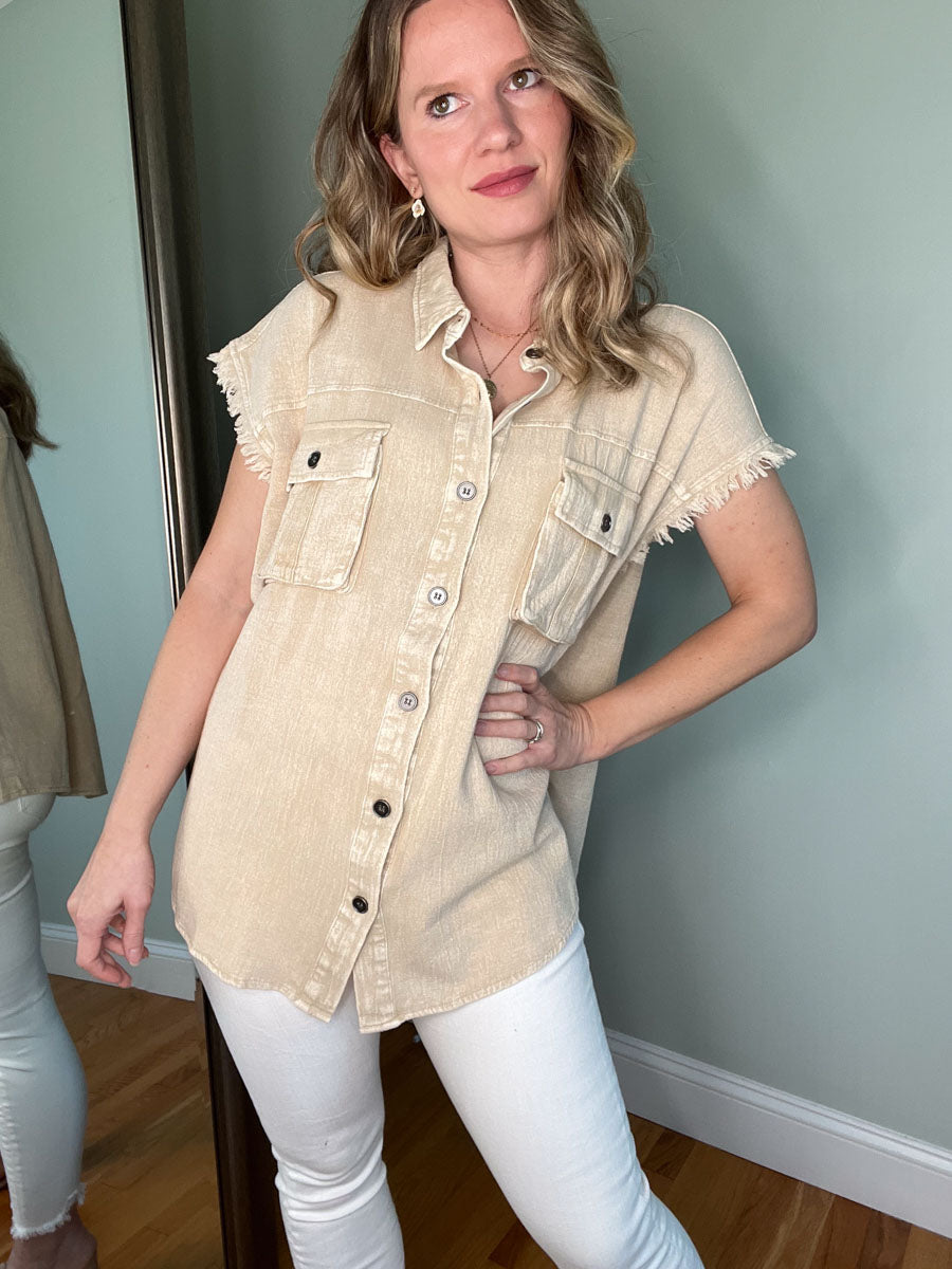 Frayed Sleeve Button Down Shirt with Front Pockets - Khaki