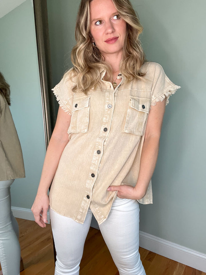 Frayed Sleeve Button Down Shirt with Front Pockets - Khaki