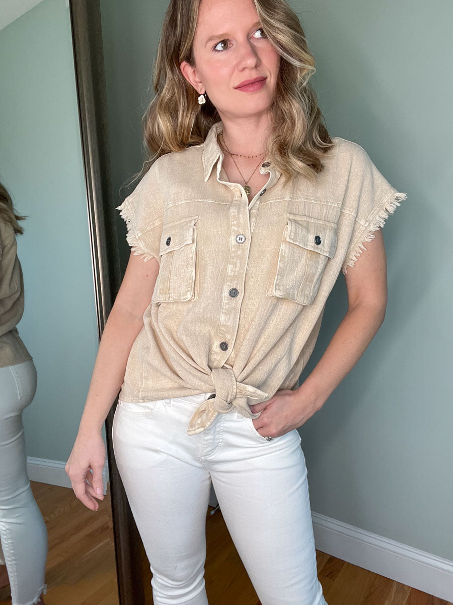 Frayed Sleeve Button Down Shirt with Front Pockets - Khaki