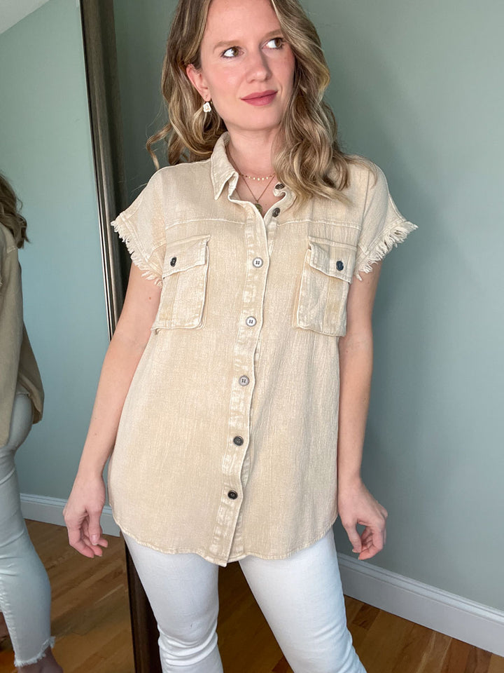 Frayed Sleeve Button Down Shirt with Front Pockets - Khaki