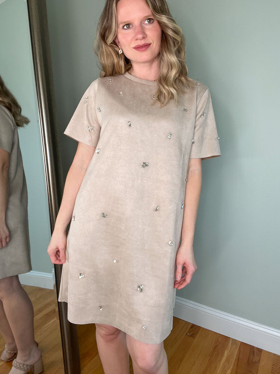 Faux Suede Rhinestone Shift Dress in Taupe