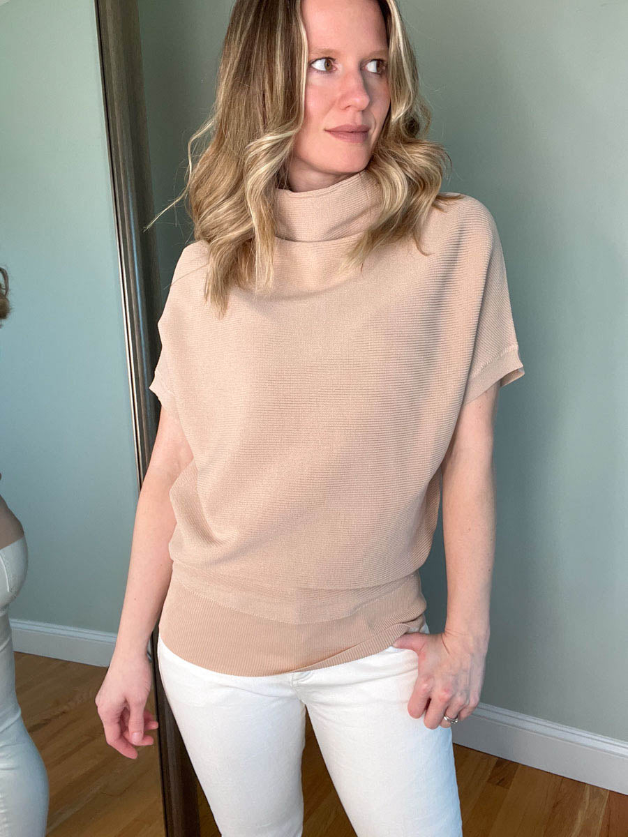 Short Sleeve Dolman Sweater with Slouchy Neck in Sand