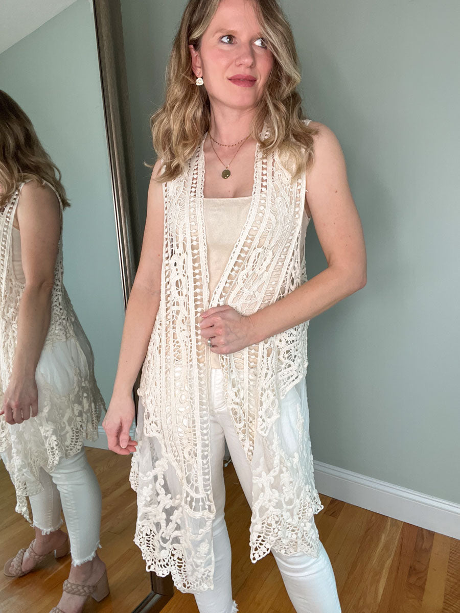 Long Crochet Vest in Natural