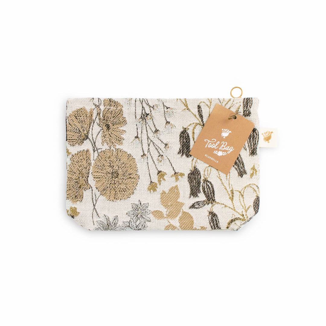 Floral-patterned pouch with a brown tag on a white background