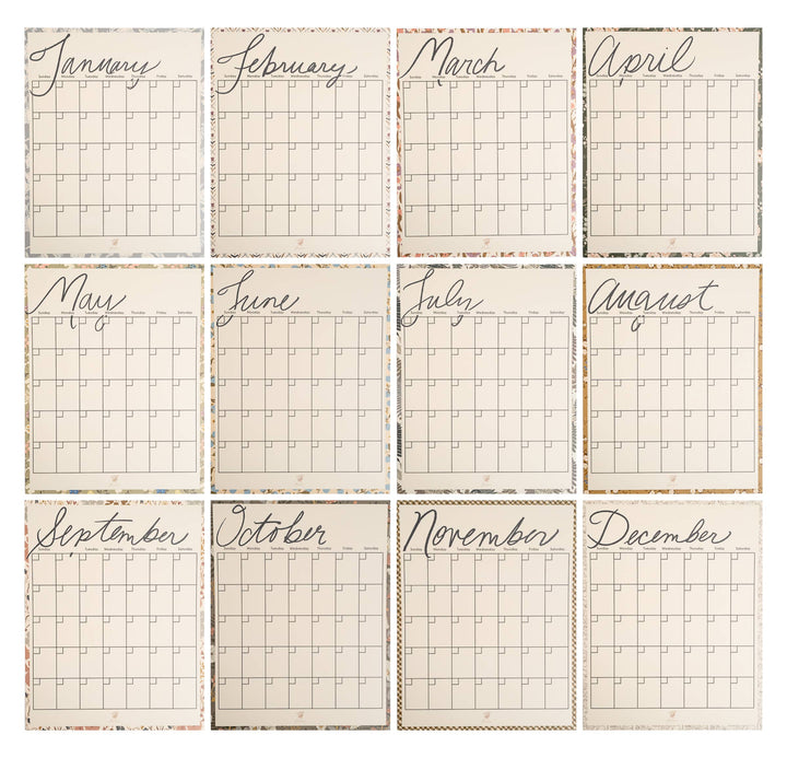 Grid-style calendar with months labeled from January to December on a white background.