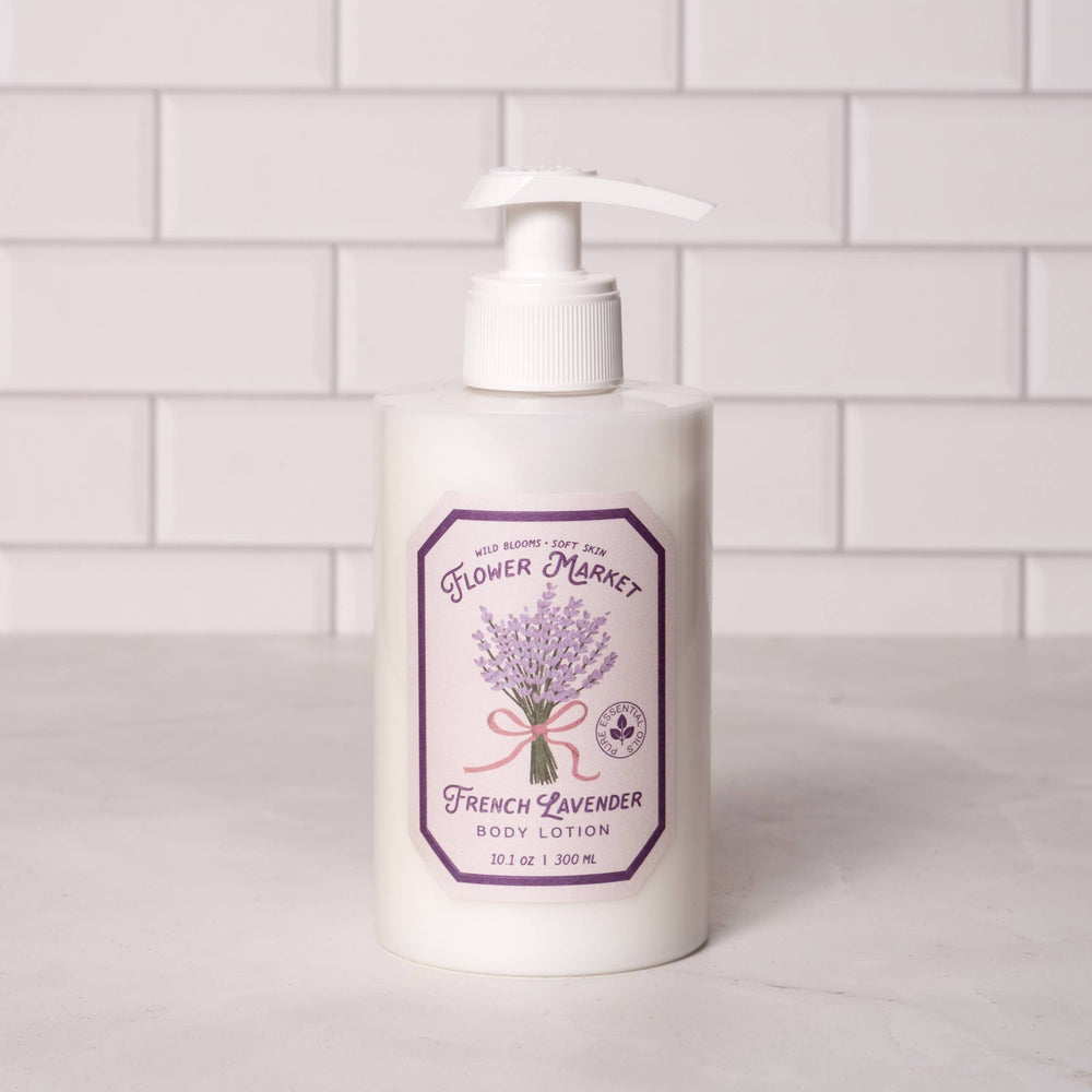 Flower Market French Lavender body lotion on a white tiled background