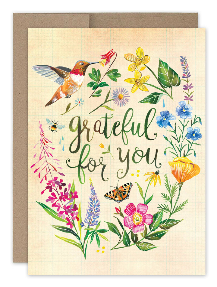 Grateful Hummingbird and Flowers Thank You Card