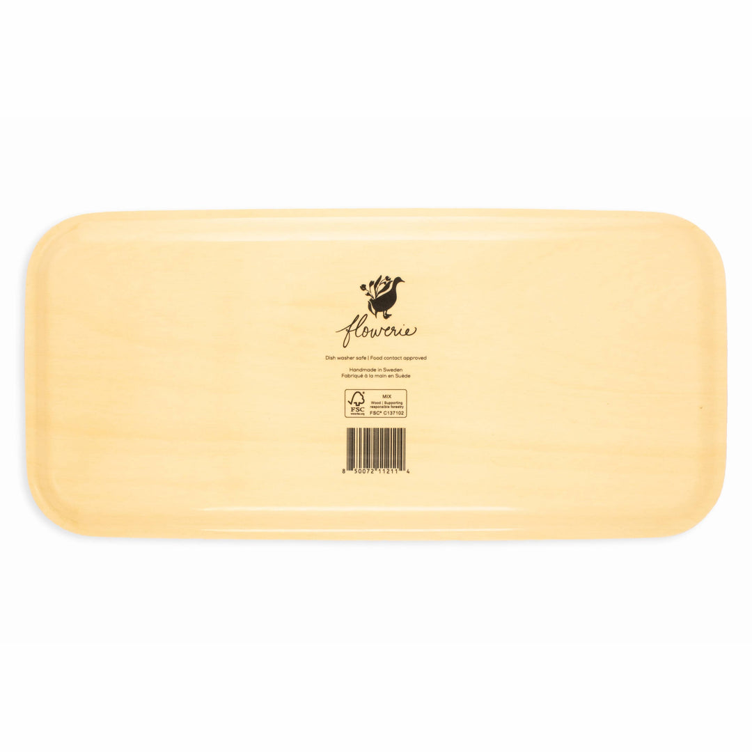 Rectangular beige cutting board with a brand logo on a white background