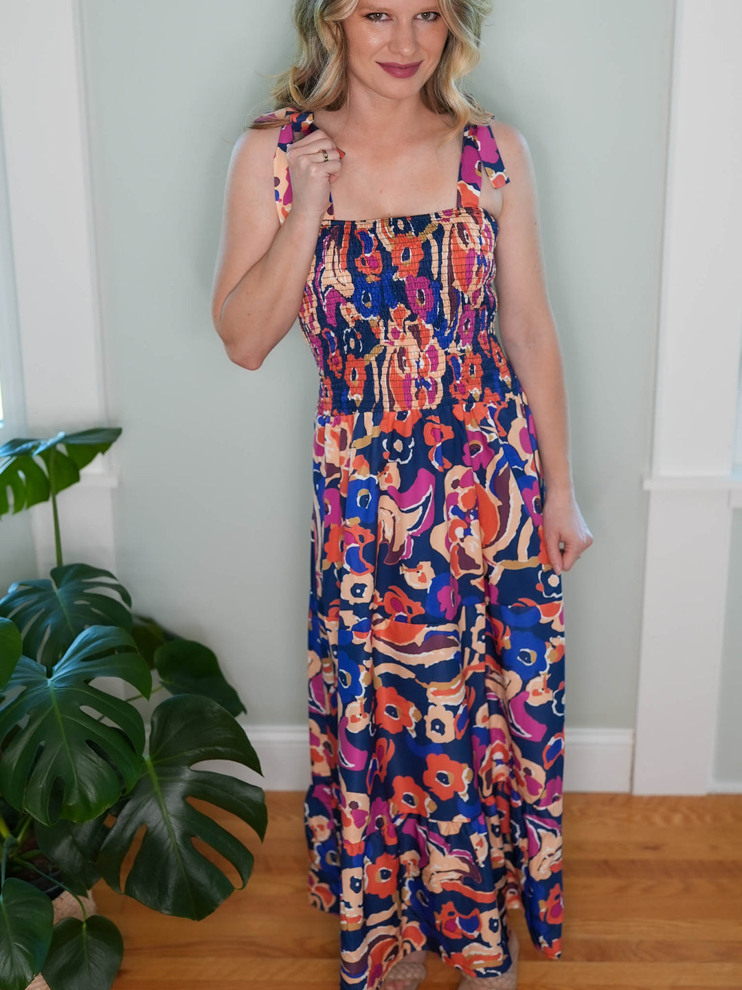 Bright Floral Print Midi Dress with Tie Straps