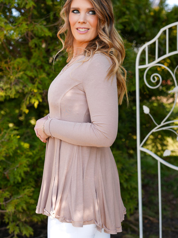 Taupe Ruffled Hem Long Sleeve Top