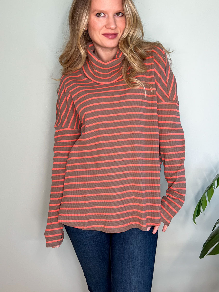 Striped Cowl Neck Top with Dropped Sleeves