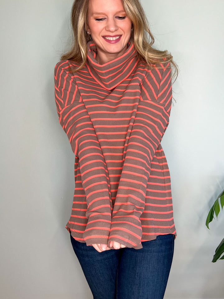 Striped Cowl Neck Top with Dropped Sleeves