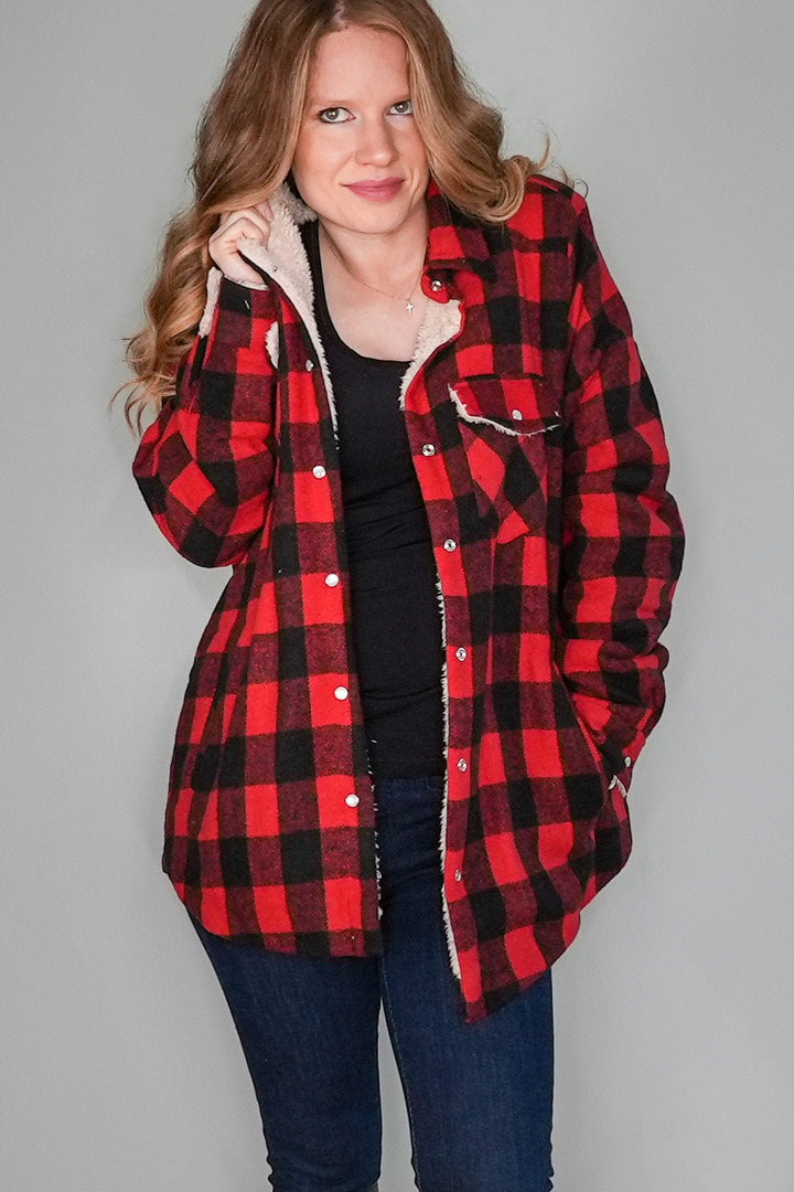 Red and Black Buffalo Plaid Shacket with Sherpa Lining