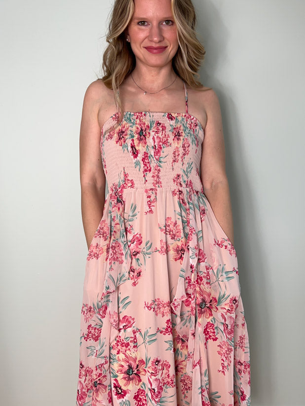 Smocked floral midi dress with pockets