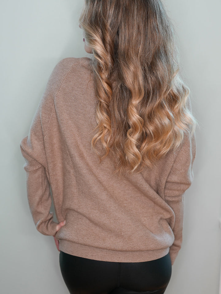 Dolman sleeve sweater in mocha with slouchy funnel neck - back