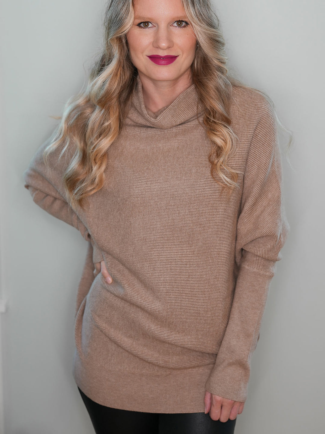 Dolman sleeve sweater in mocha with slouchy funnel neck