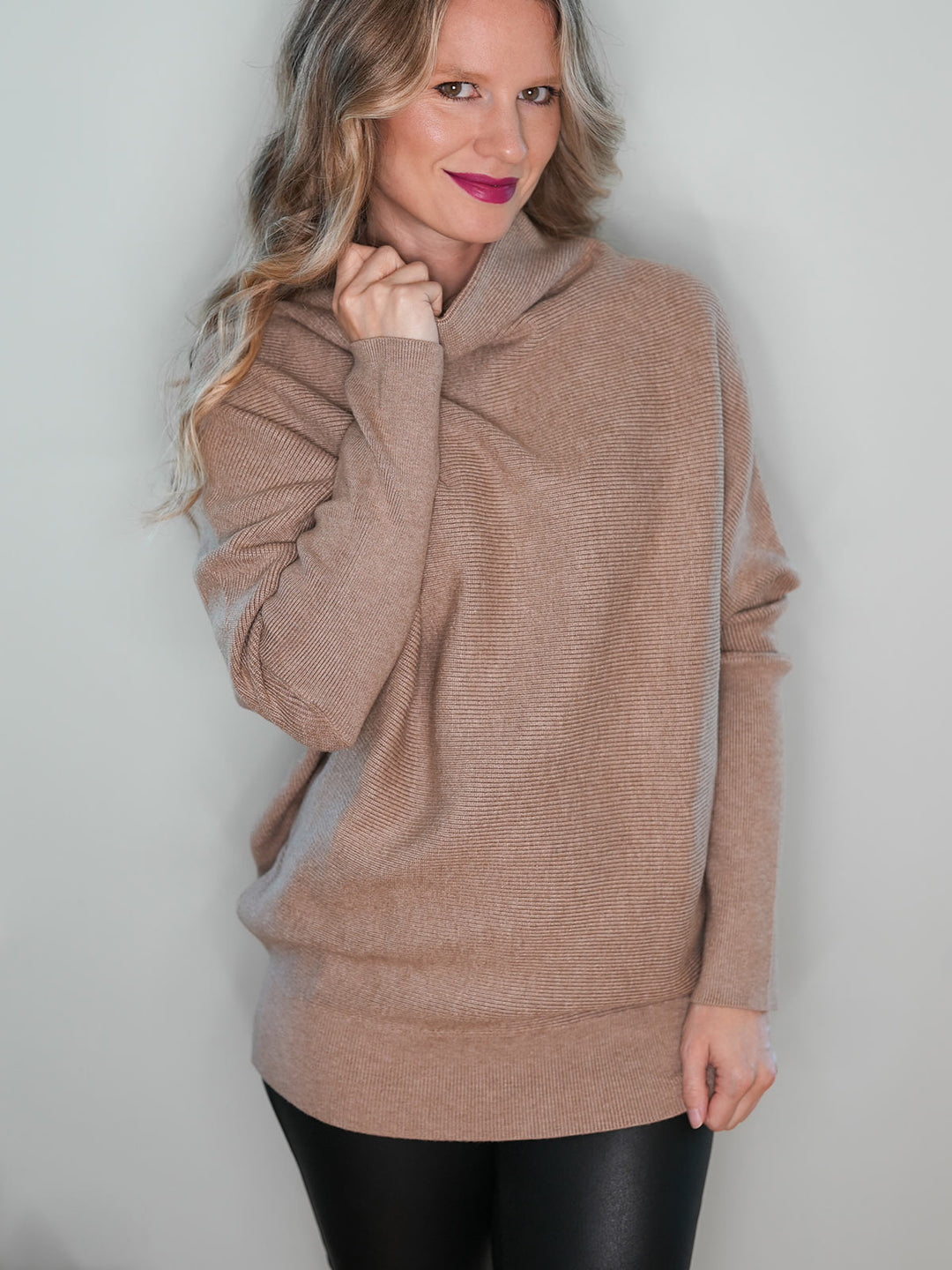 Dolman sleeve sweater in mocha with slouchy funnel neck