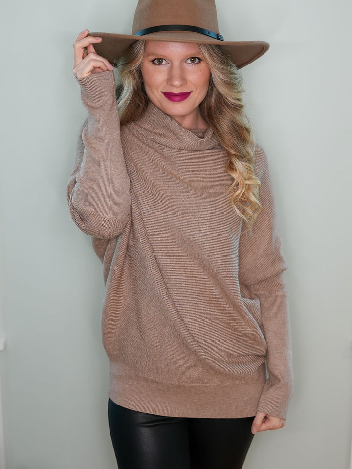 Dolman sleeve sweater in mocha with slouchy funnel neck