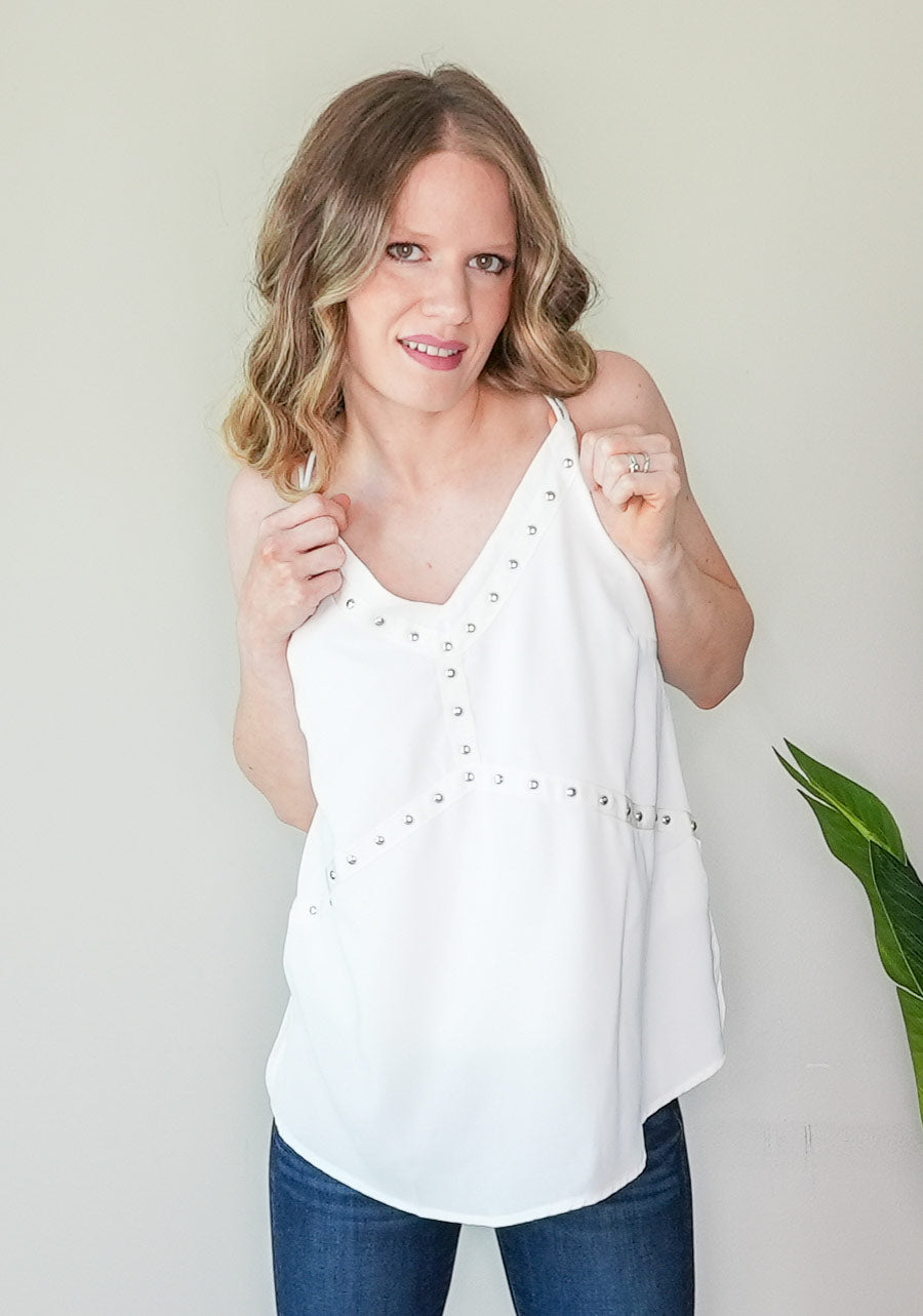 White Studded Tank with Double Spaghetti Straps